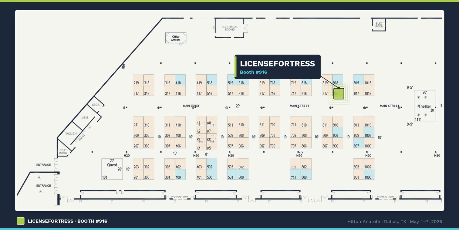 Quest Blueprint 4D 2026 exhibitor floor plan with LicenseFortress booth #916 highlighted
