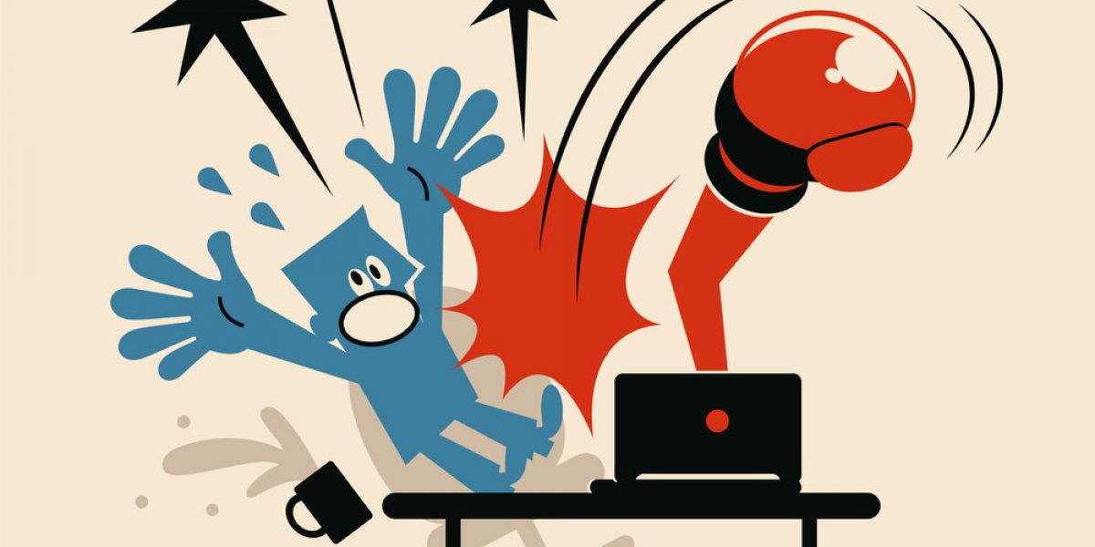Blue Little Guy Characters Full Length Vector art illustration.Copy Space.
Man hit by boxing glove from laptop.